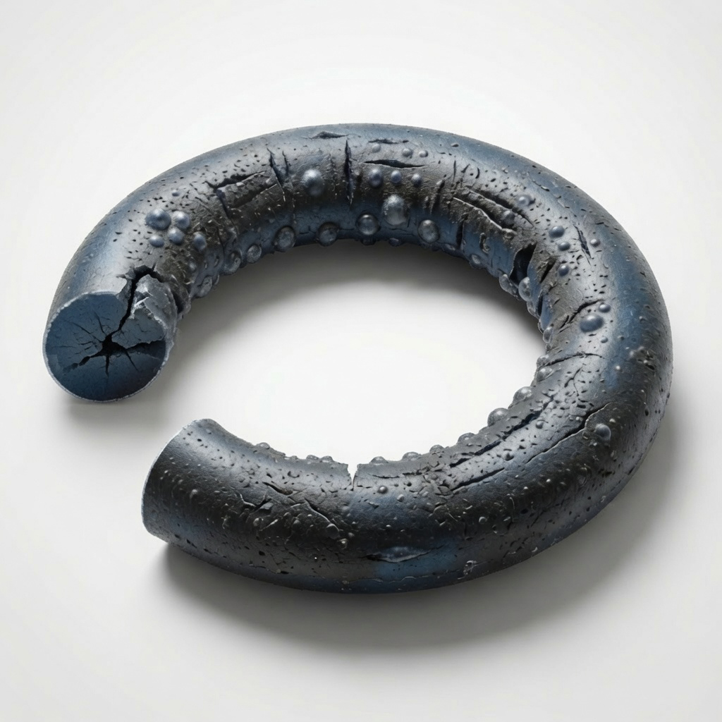 O-Ring ruined by explosive decompression with surface blisters, pits, and internal cracks