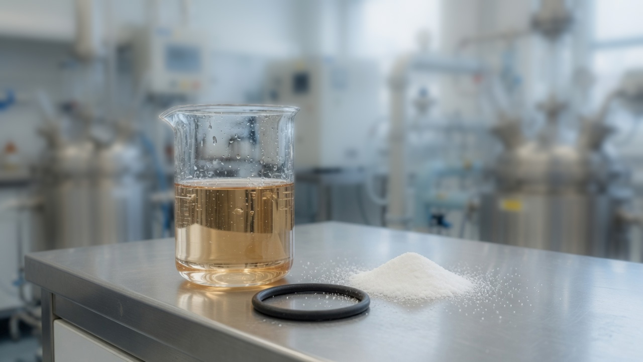 Black O-Ring on a wooden table with white crystalline powder, a clear beaker of pale amber liquid, and a soft-focus lab background