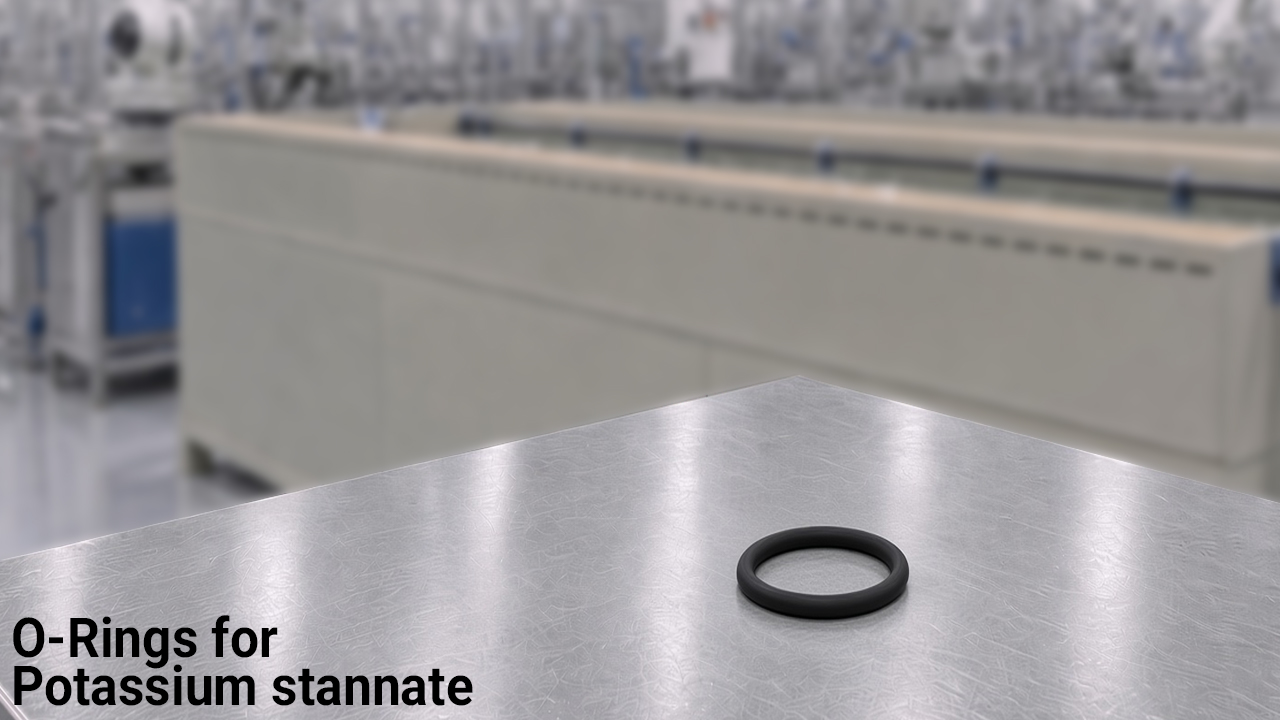 Black O-Ring on a wooden table with white crystalline powder, a beaker of pale amber liquid, and a soft-focus industrial plant background